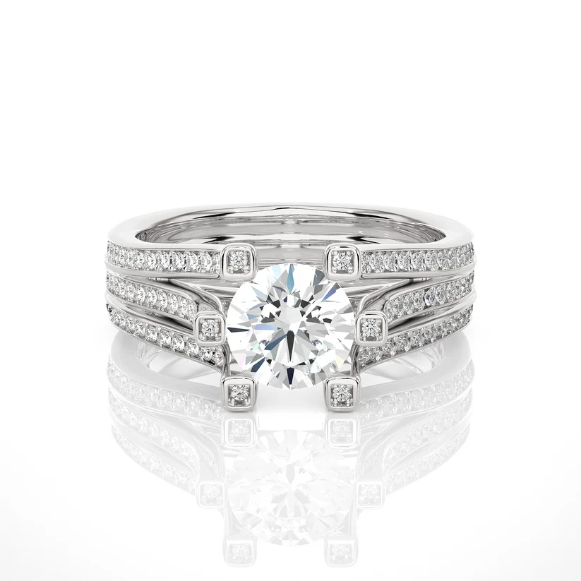 Round Brilliant Diamond Split Shank Bridal Ring Set in Solid Yellow Gold | Pavé Diamond Multi-Band Engagement Ring | Luxury Wedding Ring for Her