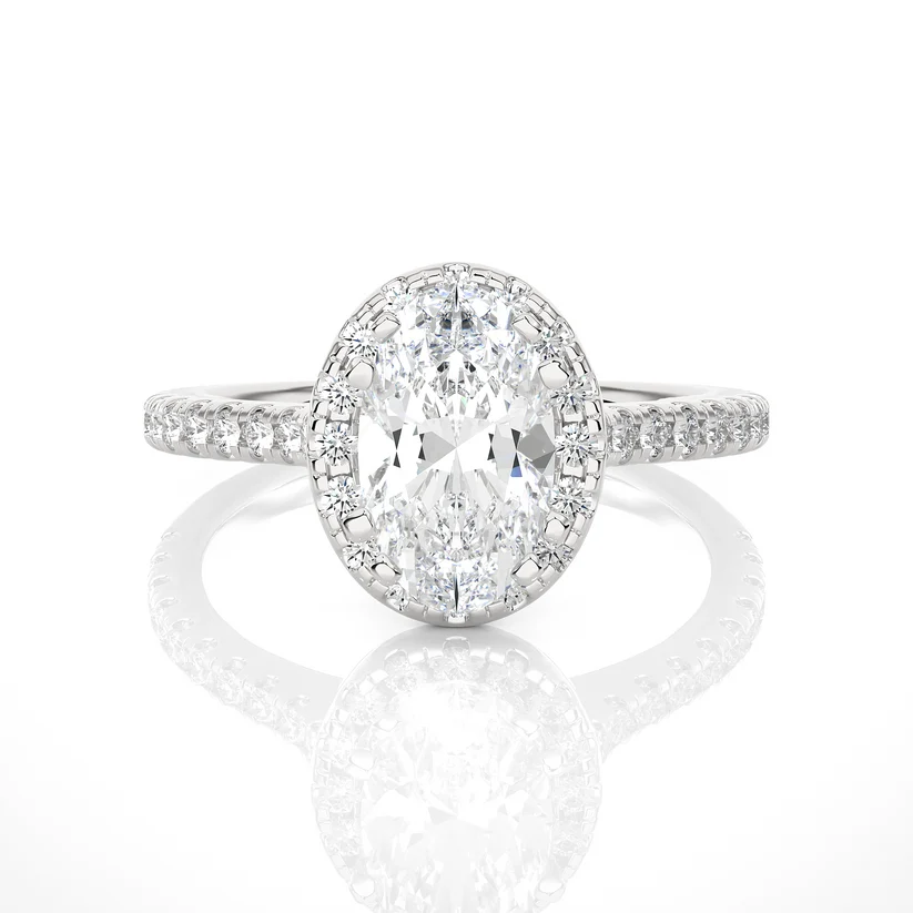 Oval Cut Halo Diamond Engagement Ring | Solid Yellow Gold | Pavé Diamond Band | Classic Halo Setting