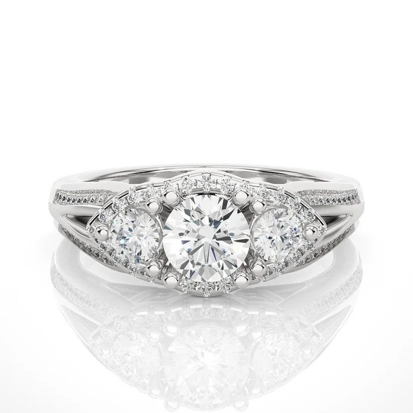 Round Three Stone Halo Diamond Engagement Ring | Solid Yellow Gold | Split Shank Pavé Band | Classic Bridal Ring