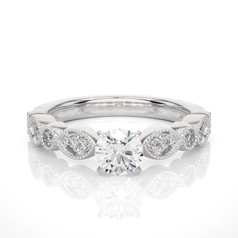 Vintage Milgrain Round Diamond Floral Engagement Ring in Solid Gold