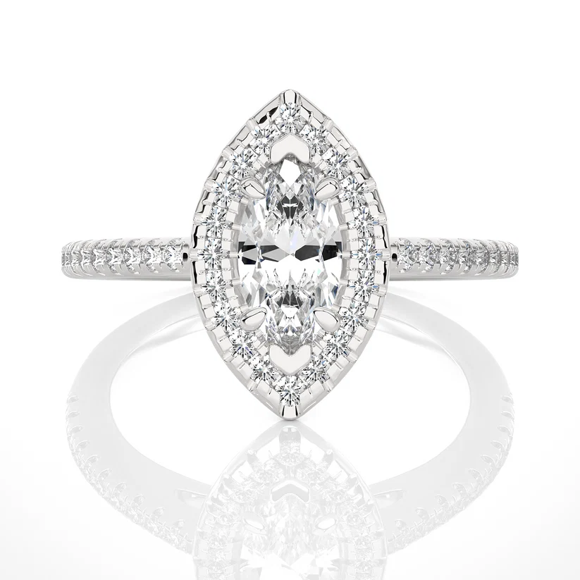 Marquise Halo Diamond Engagement Ring in Solid Gold | Vintage-Inspired Pavé Promise Ring