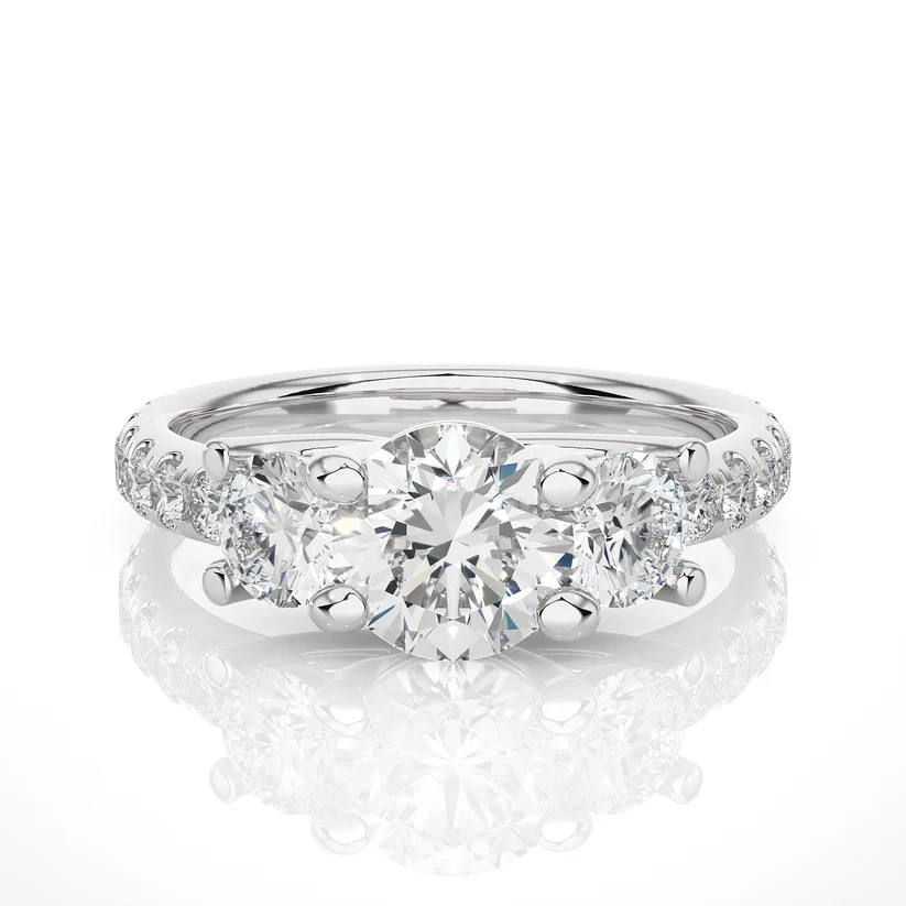 Three Stone Round Diamond Engagement Ring with Pavé Band in Solid Yellow Gold