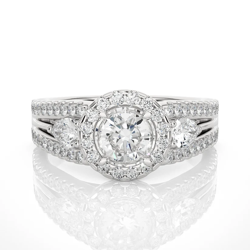 Round Halo Diamond Pear Side Stone Split Shank Engagement Ring in Solid Yellow Gold