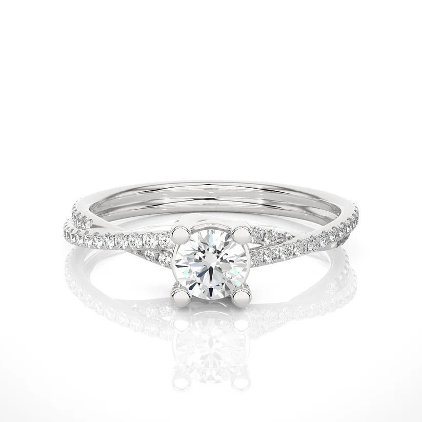 Twisted Round Solitaire Diamond Gold Engagement Ring with Pavé Diamond Band