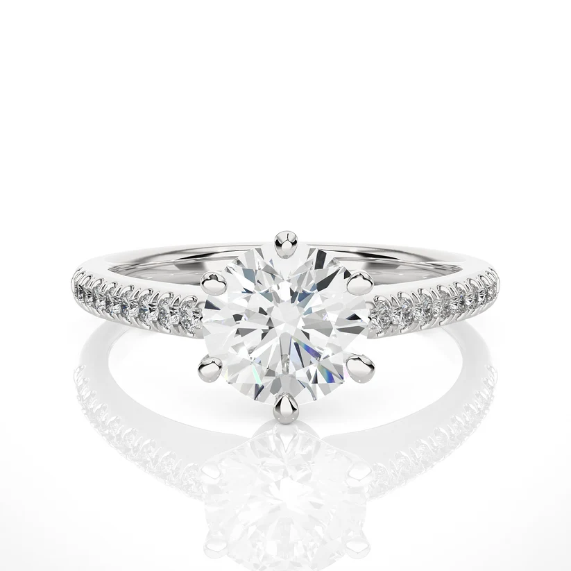 Classic Round Solitaire Diamond Gold Engagement Ring with Pavé Diamond Band