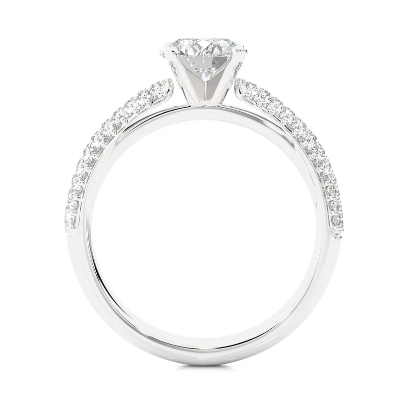 Round Brilliant Diamond Pavé Engagement Ring in Solid Yellow Gold | Triple Row Diamond Band | Classic Solitaire Ring