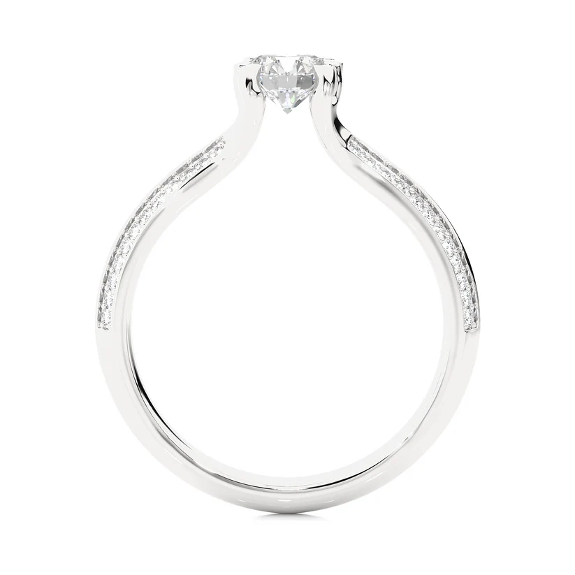 Round Solitaire Diamond Split Shank Gold Engagement Ring with Pavé Diamond Band