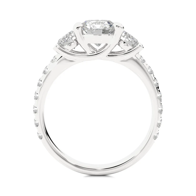 Three Stone Round Diamond Engagement Ring with Pavé Band in Solid Yellow Gold