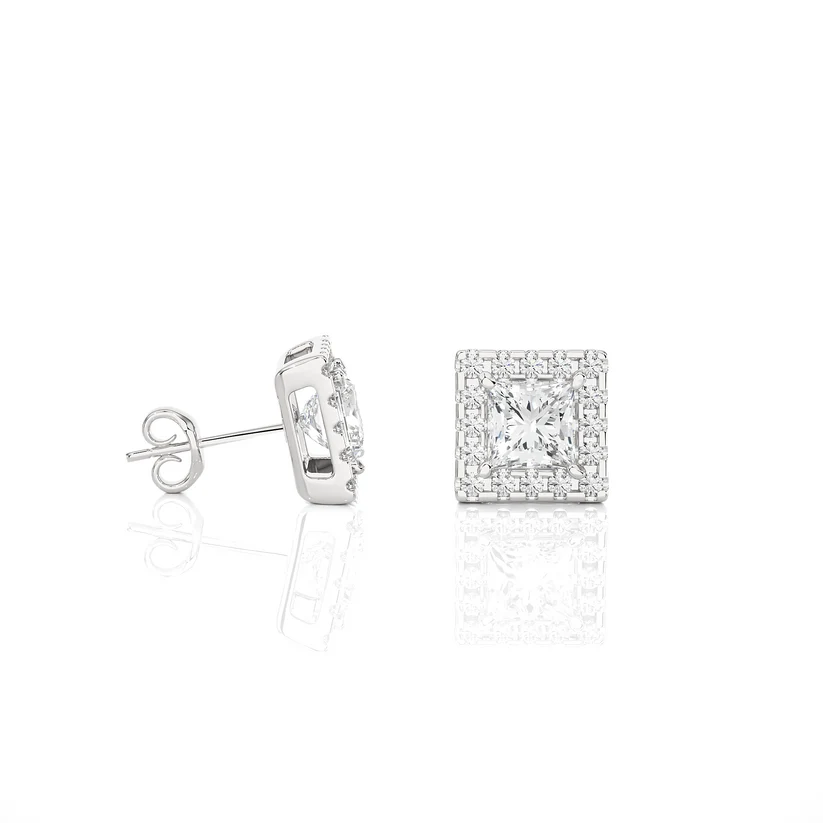 Classic Princess-Cut Diamond Halo Stud Earrings in Gold