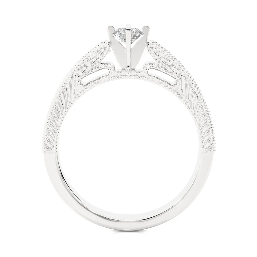 Vintage Round Solitaire Diamond Ring with Milgrain Diamond Band in 10K/14K/18K Yellow Gold