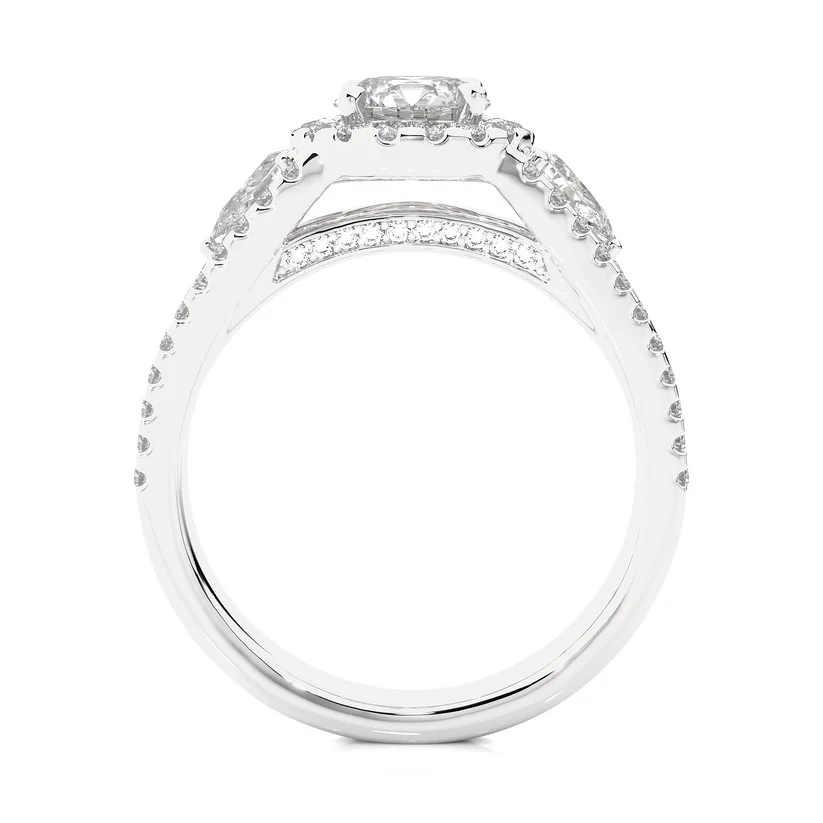 Round Halo Diamond Pear Side Stone Split Shank Engagement Ring in Solid Yellow Gold