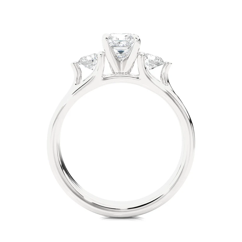 Princess Cut Three Stone Diamond Engagement Ring | Solid Yellow Gold | Round Side Diamonds | Classic Trilogy Ring | Gift for Her
