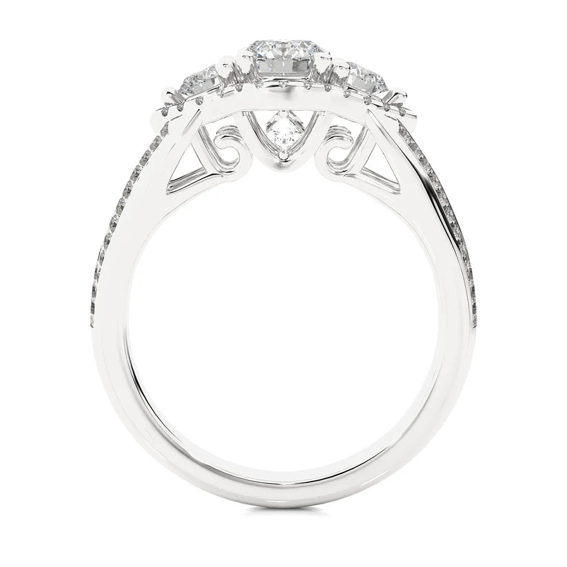 Round Three Stone Halo Diamond Engagement Ring | Solid Yellow Gold | Split Shank Pavé Band | Classic Bridal Ring