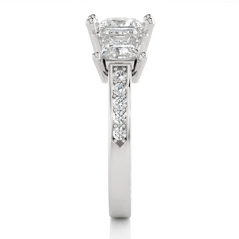 Princess Cut Three Stone Diamond Engagement Ring | Solid Yellow Gold | Channel-Set Diamond Band | Classic Trilogy Ring | Gift for Her