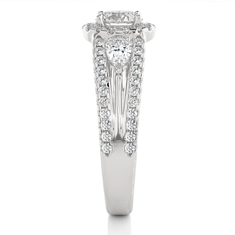 Round Halo Diamond Pear Side Stone Split Shank Engagement Ring in Solid Yellow Gold