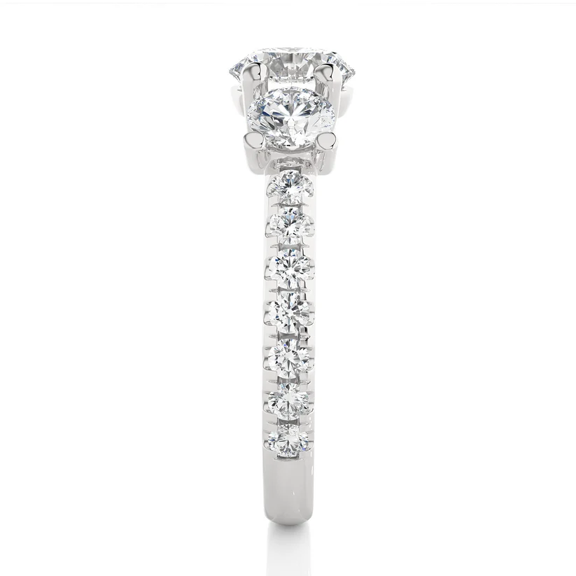 Three Stone Round Diamond Engagement Ring with Pavé Band in Solid Yellow Gold