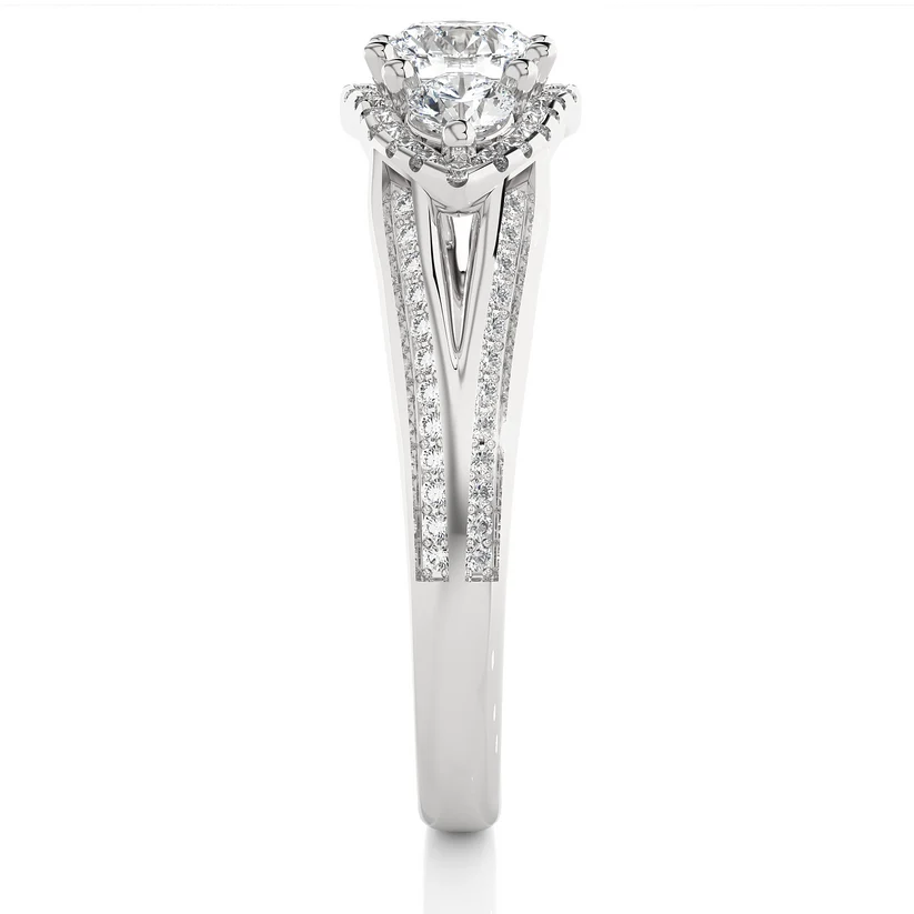 Round Three Stone Halo Diamond Engagement Ring | Solid Yellow Gold | Split Shank Pavé Band | Classic Bridal Ring