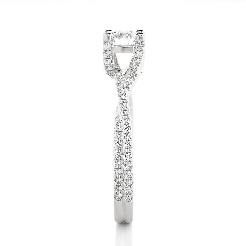 Twisted Round Solitaire Diamond Gold Engagement Ring with Pavé Diamond Band