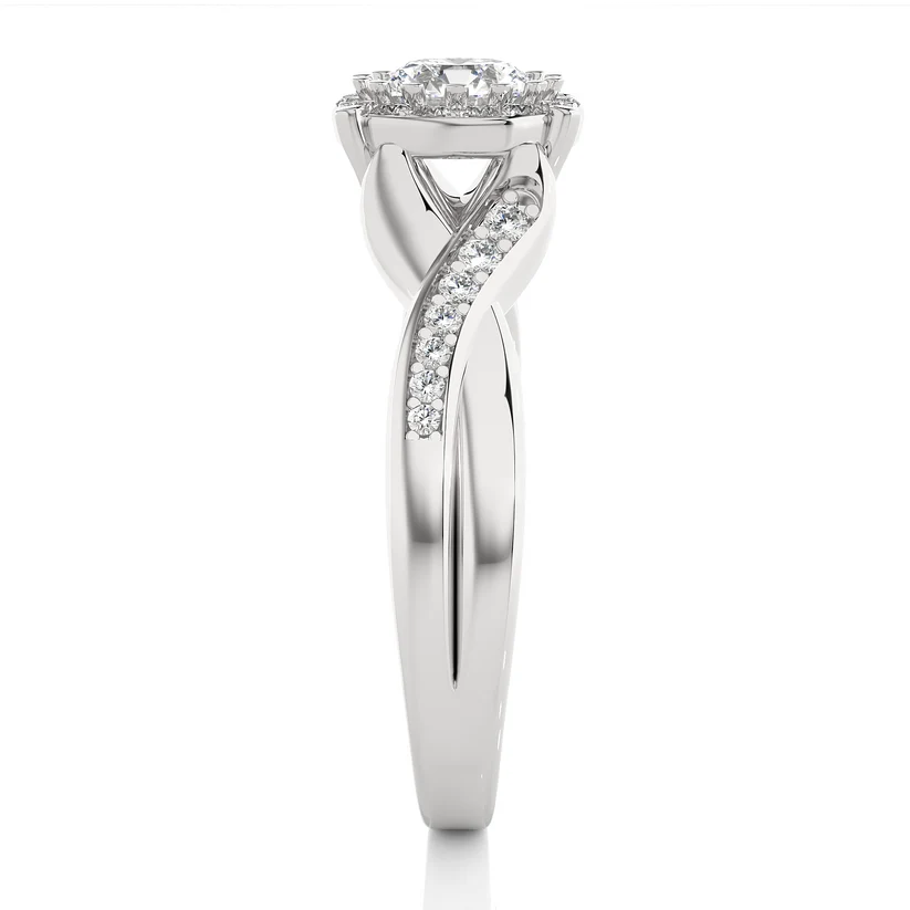 Round Halo Diamond Twist Engagement Ring | Solid Yellow Gold | Pavé Infinity Band | Classic Halo Setting