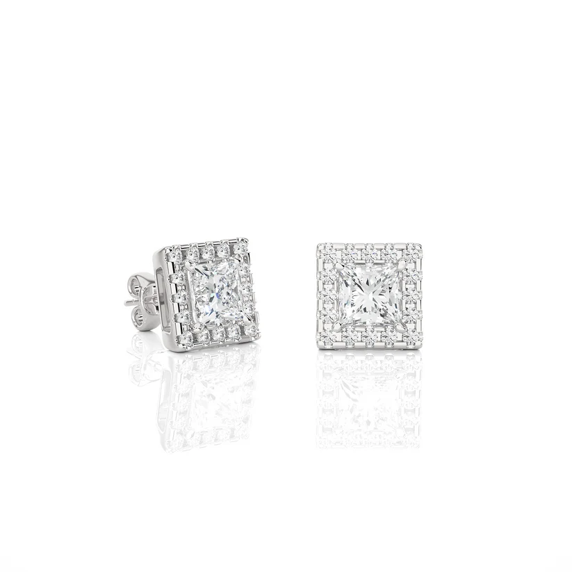 Classic Princess-Cut Diamond Halo Stud Earrings in Gold