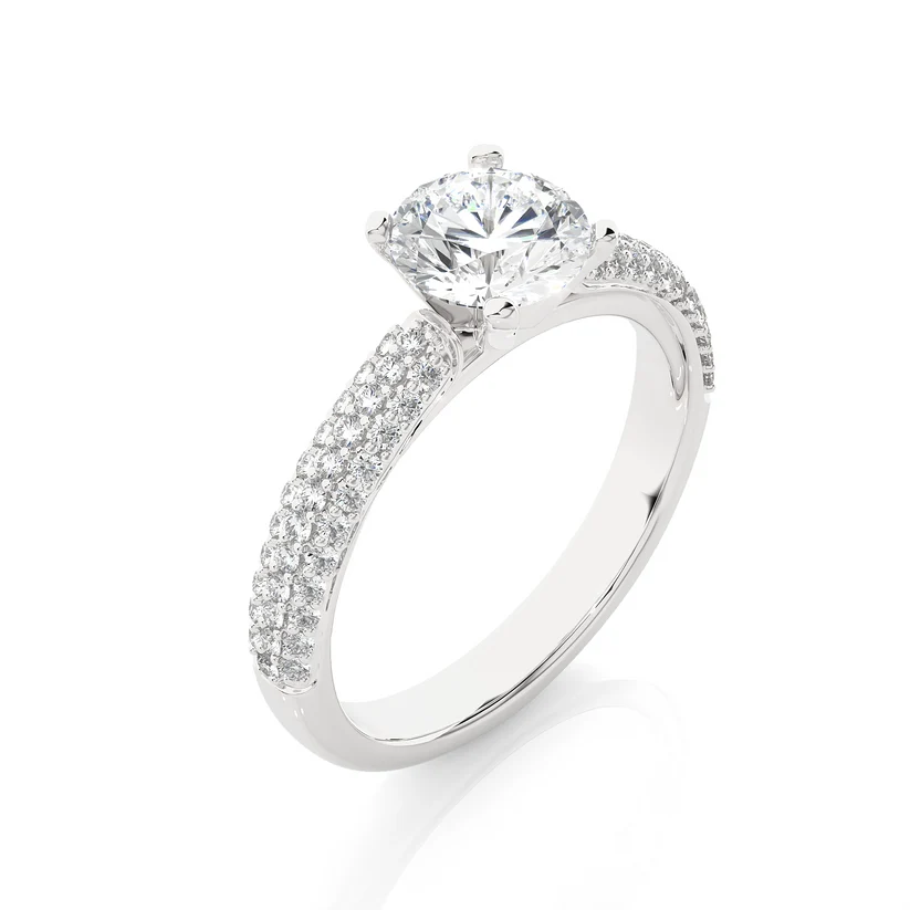 Round Brilliant Diamond Pavé Engagement Ring in Solid Yellow Gold | Triple Row Diamond Band | Classic Solitaire Ring