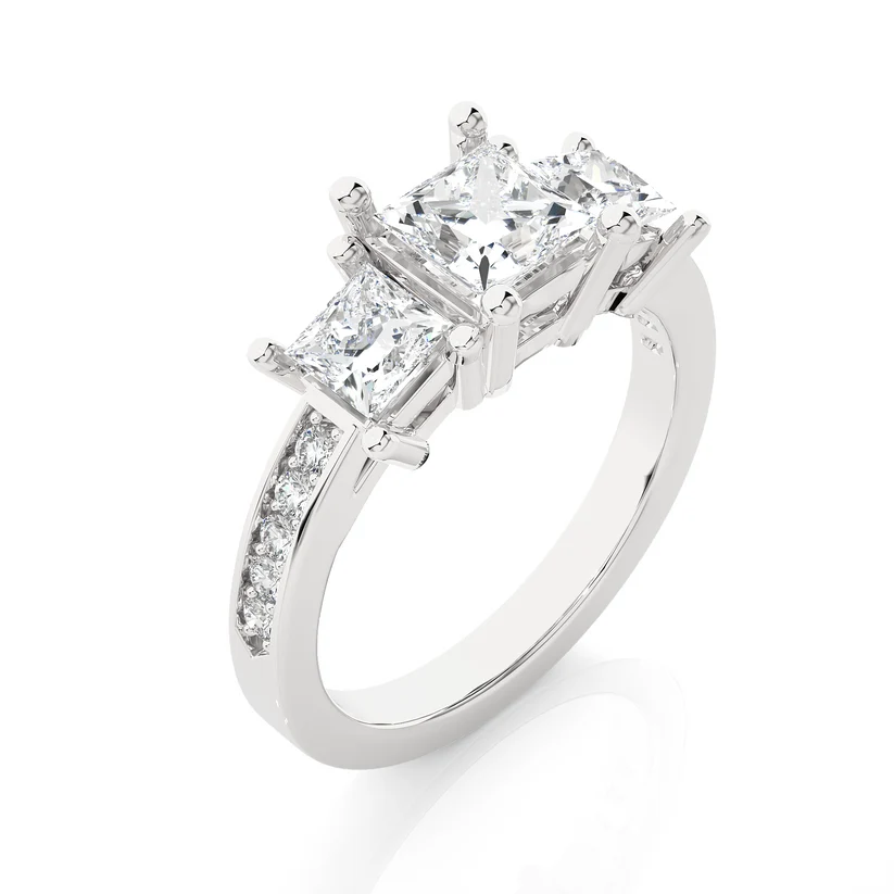 Princess Cut Three Stone Diamond Engagement Ring | Solid Yellow Gold | Channel-Set Diamond Band | Classic Trilogy Ring | Gift for Her