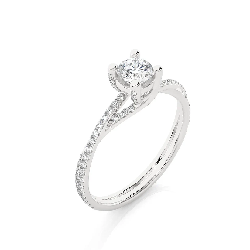 Twisted Round Solitaire Diamond Gold Engagement Ring with Pavé Diamond Band