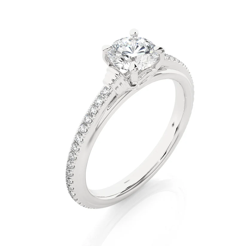 Round Brilliant Diamond Solitaire Engagement Ring with Pavé Band in Yellow Gold