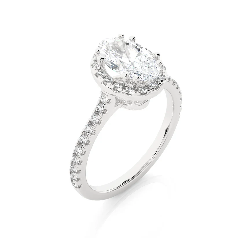 Oval Cut Halo Diamond Engagement Ring | Solid Yellow Gold | Pavé Diamond Band | Classic Halo Setting