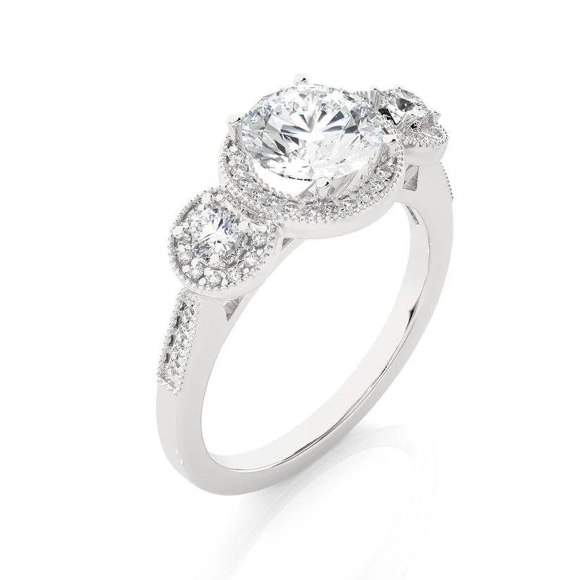 Vintage Three Stone Round Diamond Halo Engagement Ring | Solid Yellow Gold | Milgrain Diamond Ring | Classic Bridal Jewelry | Gift for Her