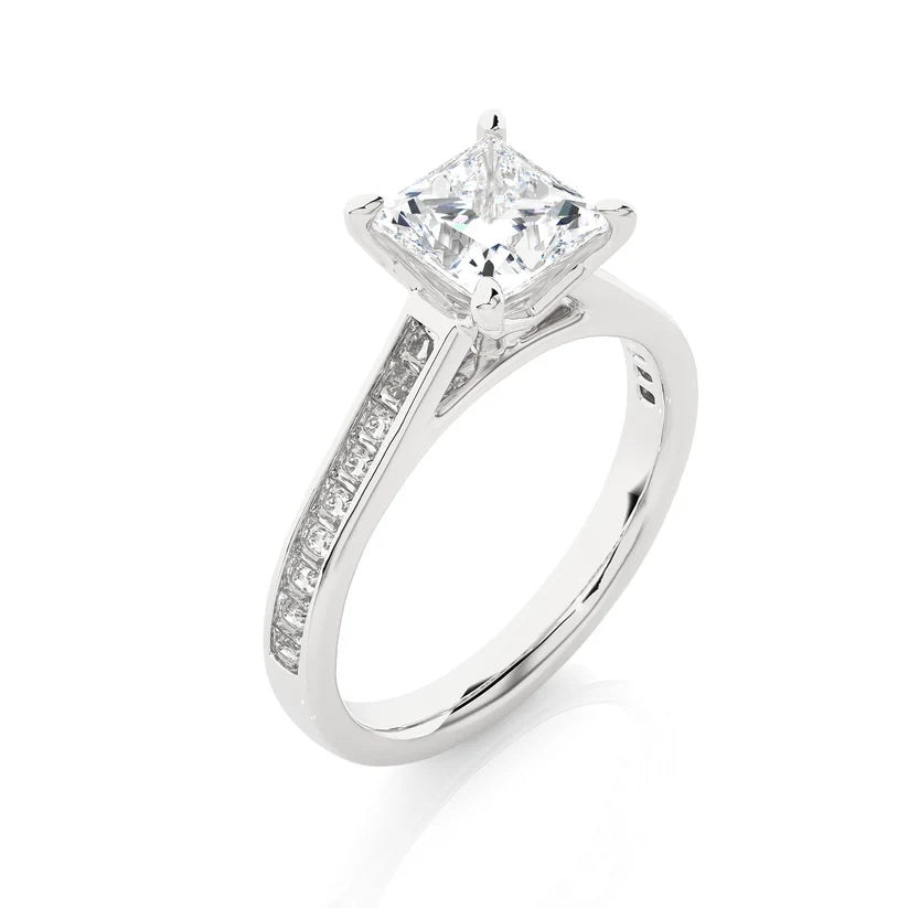 Princess Cut Diamond Gold Engagement Ring with Channel-Set Band