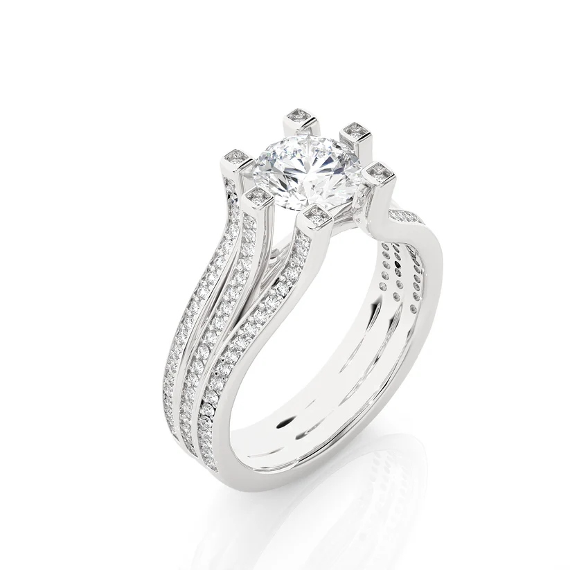 Round Brilliant Diamond Split Shank Bridal Ring Set in Solid Yellow Gold | Pavé Diamond Multi-Band Engagement Ring | Luxury Wedding Ring for Her
