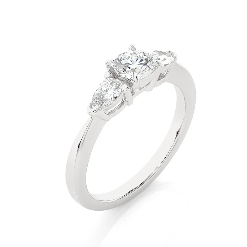 Round & Pear Cut Three Stone Diamond Engagement Ring in Yellow Gold