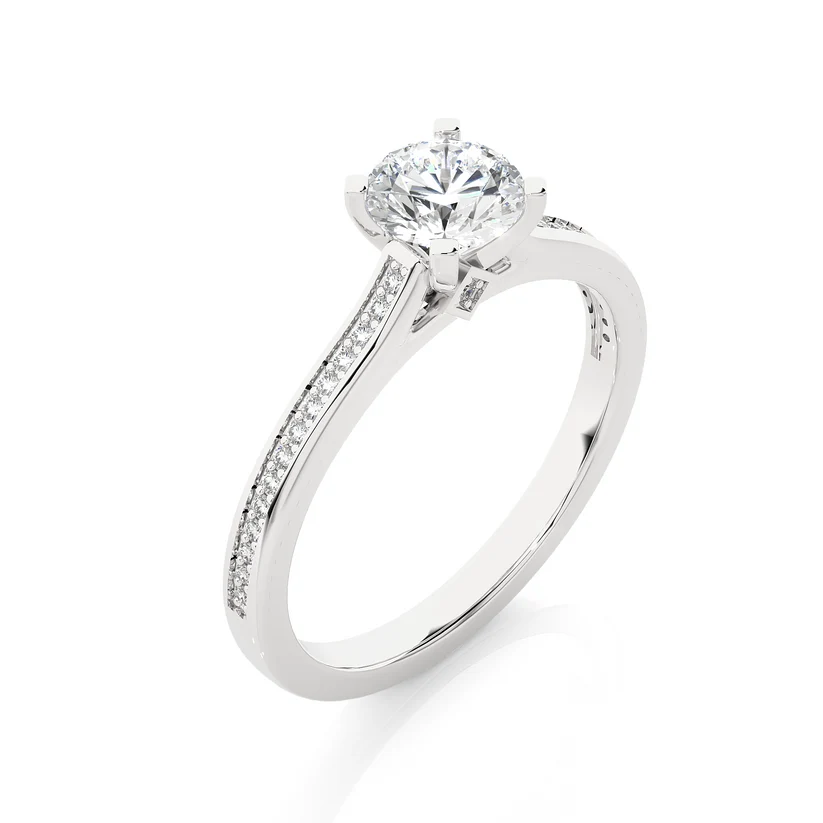 Round Solitaire Diamond Pavé Engagement Ring in Yellow Gold