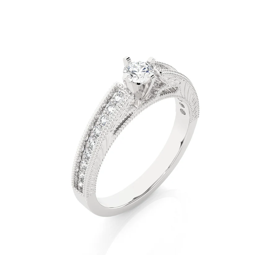 Vintage Round Solitaire Diamond Ring with Milgrain Diamond Band in 10K/14K/18K Yellow Gold