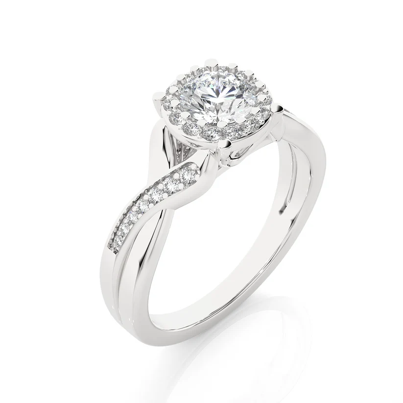 Round Halo Diamond Twist Engagement Ring | Solid Yellow Gold | Pavé Infinity Band | Classic Halo Setting