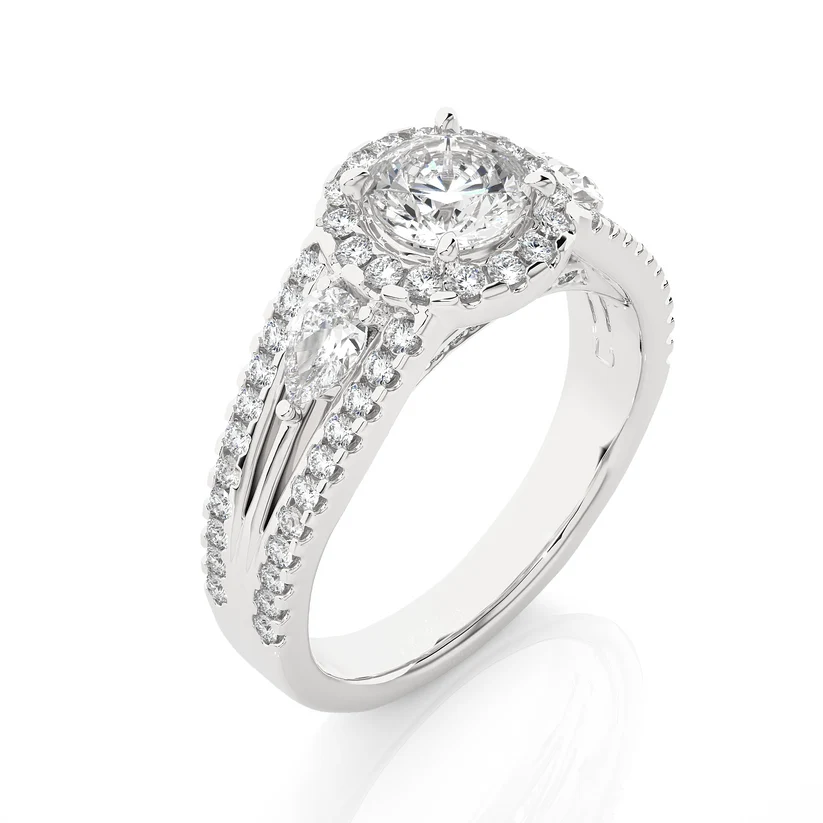 Round Halo Diamond Pear Side Stone Split Shank Engagement Ring in Solid Yellow Gold