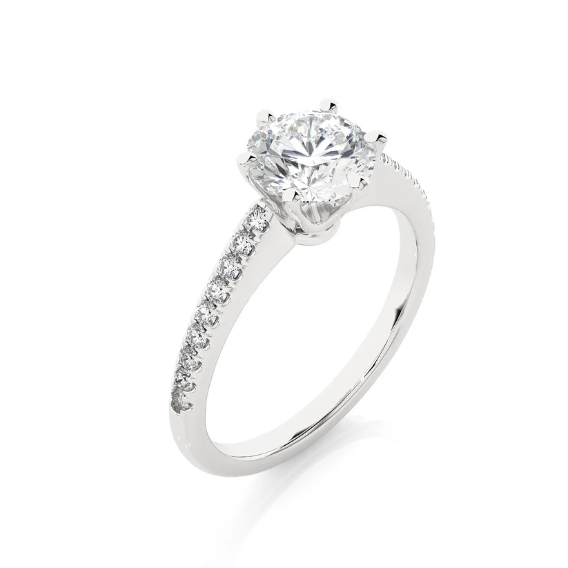 Classic Round Solitaire Diamond Gold Engagement Ring with Pavé Diamond Band