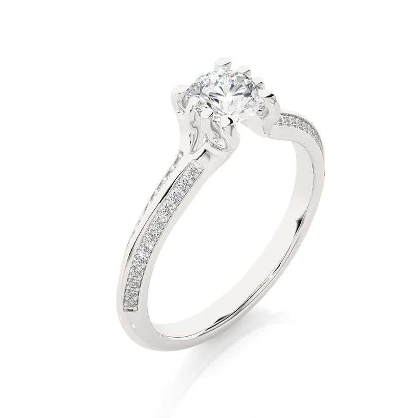 Round Solitaire Diamond Split Shank Gold Engagement Ring with Pavé Diamond Band