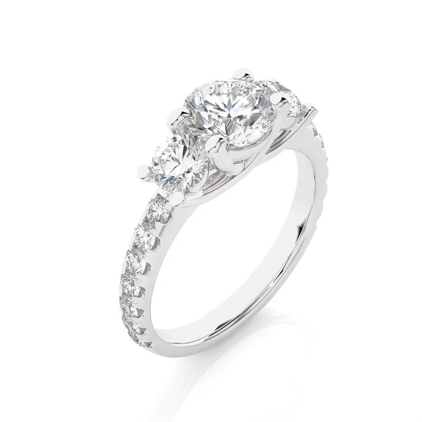 Three Stone Round Diamond Engagement Ring with Pavé Band in Solid Yellow Gold