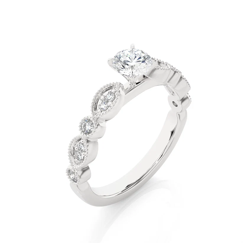 Vintage Milgrain Round Diamond Floral Engagement Ring in Solid Gold