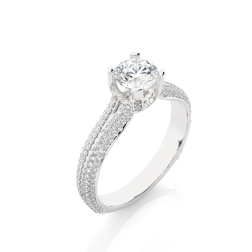 Round Brilliant Diamond Split Shank Pave Engagement Ring in Solid Gold