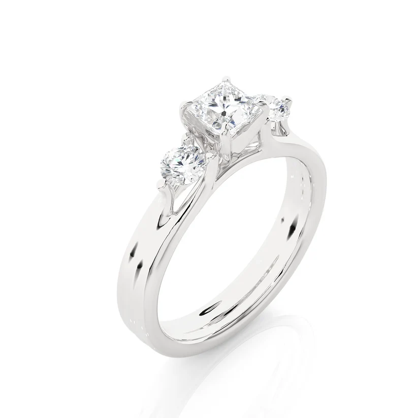Princess Cut Three Stone Diamond Engagement Ring | Solid Yellow Gold | Round Side Diamonds | Classic Trilogy Ring | Gift for Her