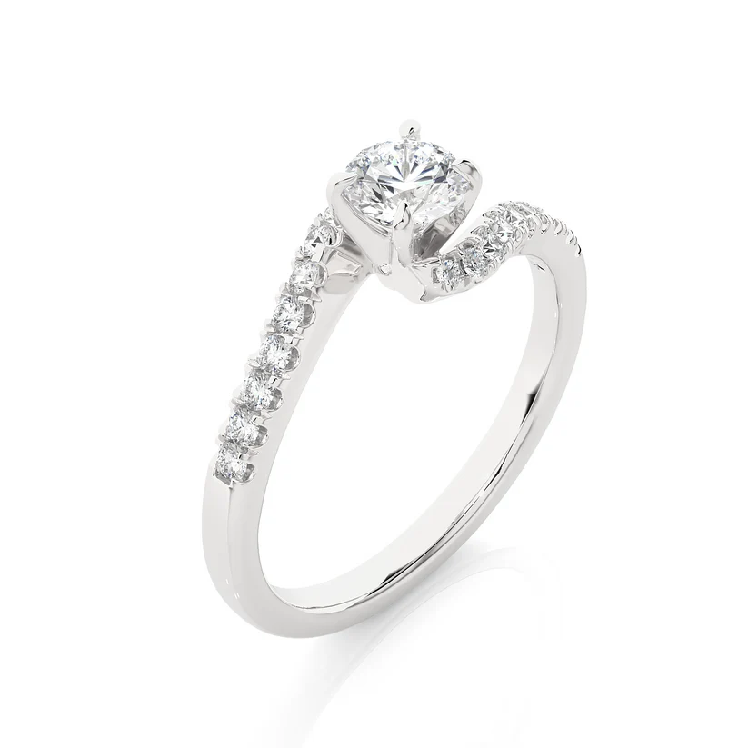 Twisted Round Brilliant Diamond Solitaire Engagement Ring | Solid Yellow Gold | Pavé Diamond Crossover Band | Four-Prong Setting | Gift for Her