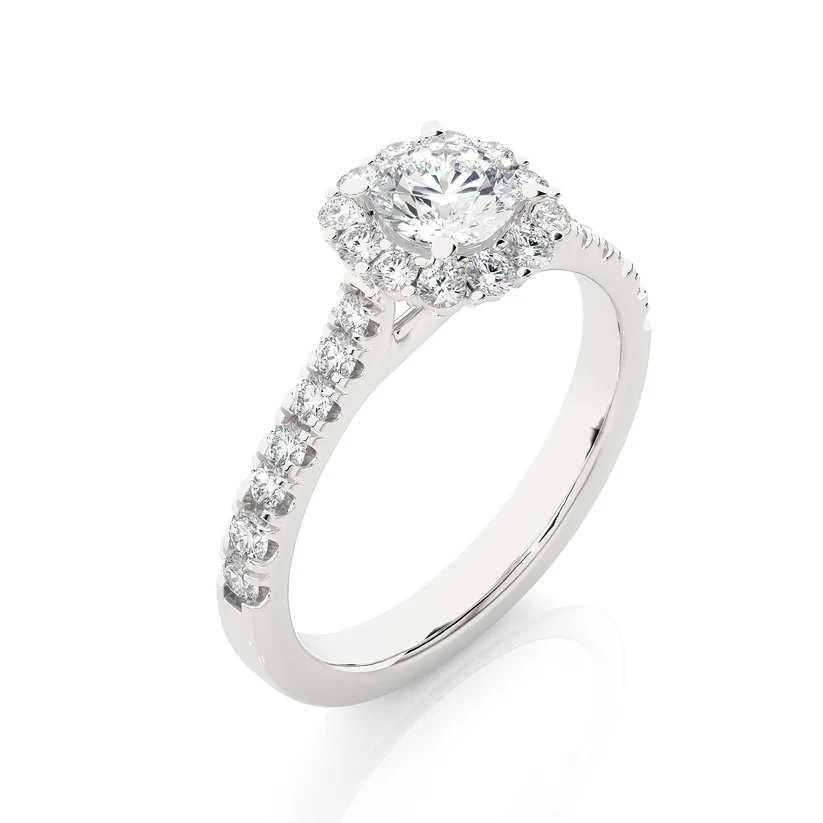 Round Halo Diamond Engagement Ring | Solid Yellow Gold | Pavé Diamond Band | Classic Halo Setting |