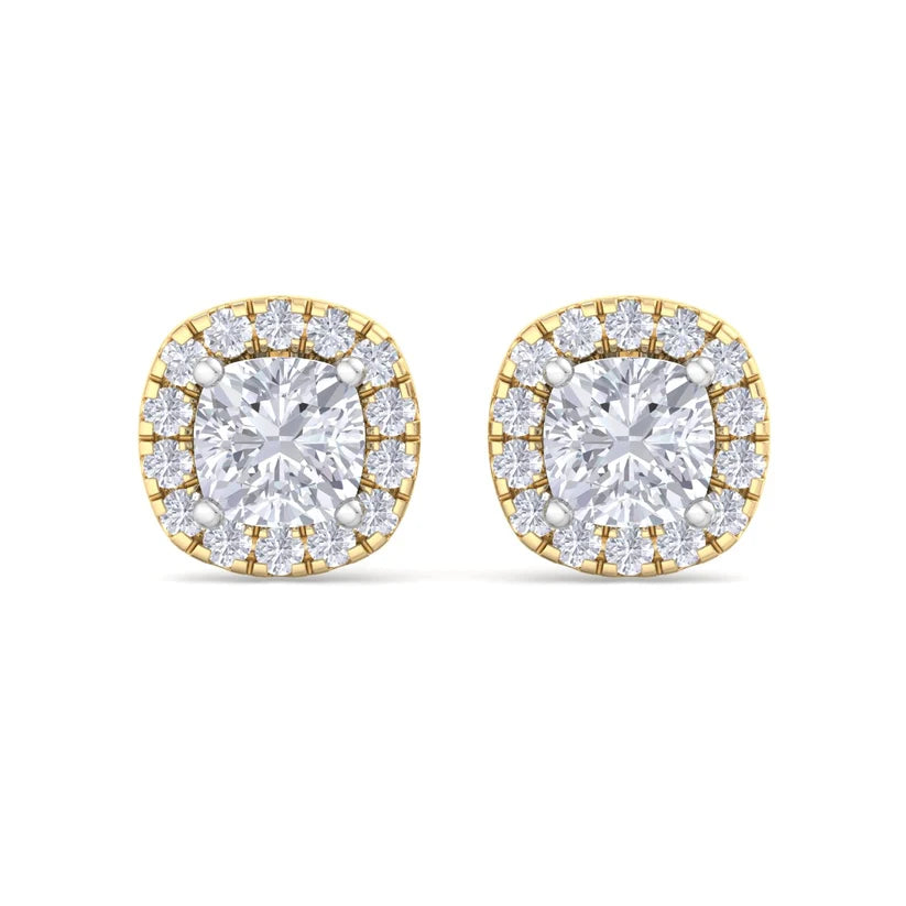 Cushion-Cut Diamond Halo Stud Earrings in Gold