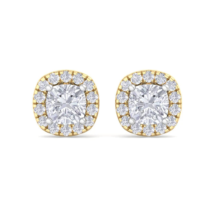 Cushion-Cut Diamond Halo Stud Earrings in Gold