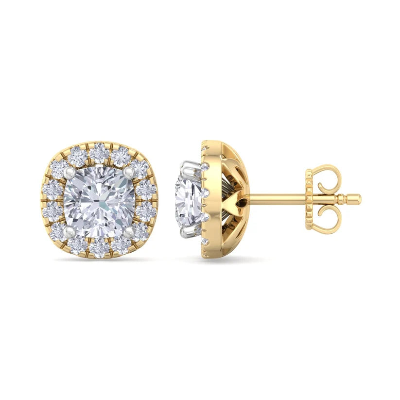 Cushion-Cut Diamond Halo Stud Earrings in Gold