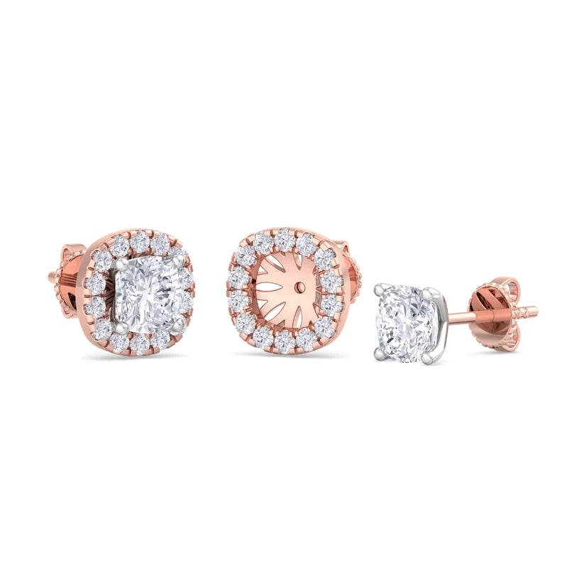 Cushion-Cut Diamond Halo Stud Earrings in Gold