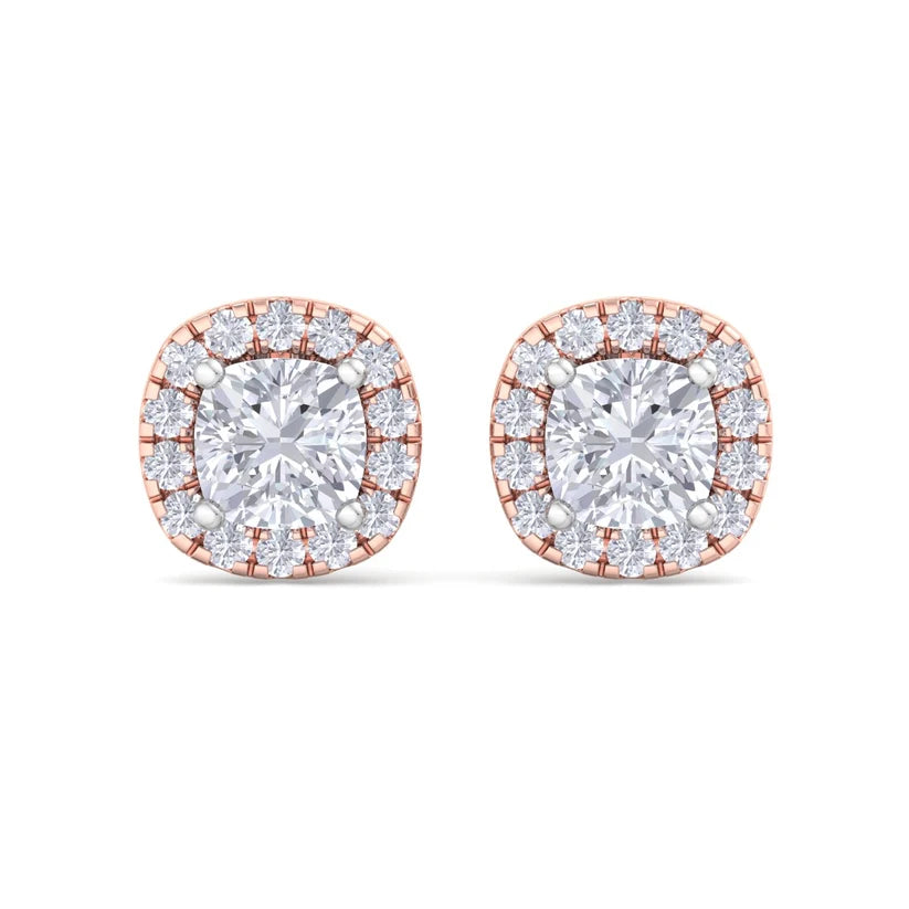 Cushion-Cut Diamond Halo Stud Earrings in Gold